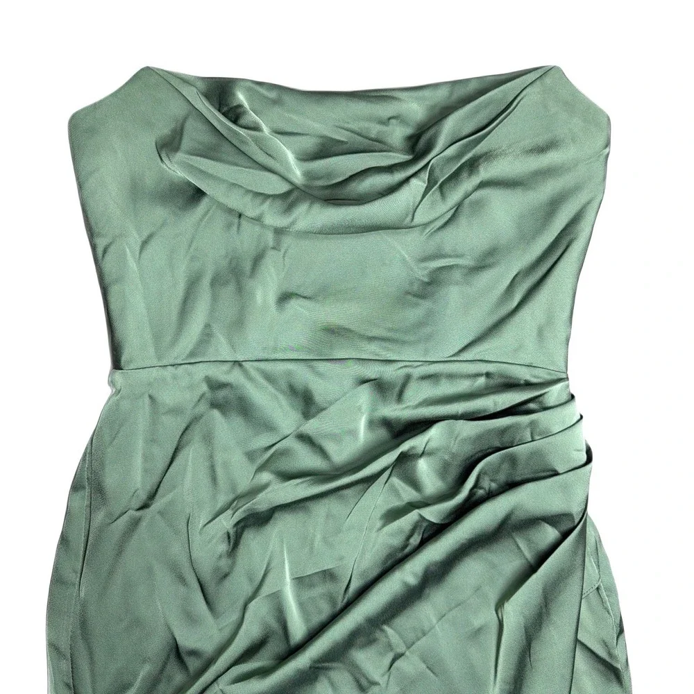 Azazie Womens Strapless Cowl Neck Satin Sage Green High‎ Slit Maxi Dress Gown A4